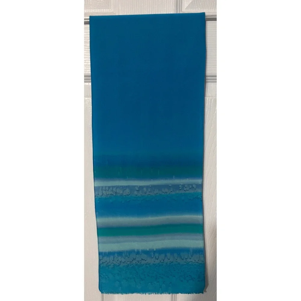 Krisna Hand Painted Blue Turquoise Teal Abstract Fringe Silk Scarf Artwear 8x42